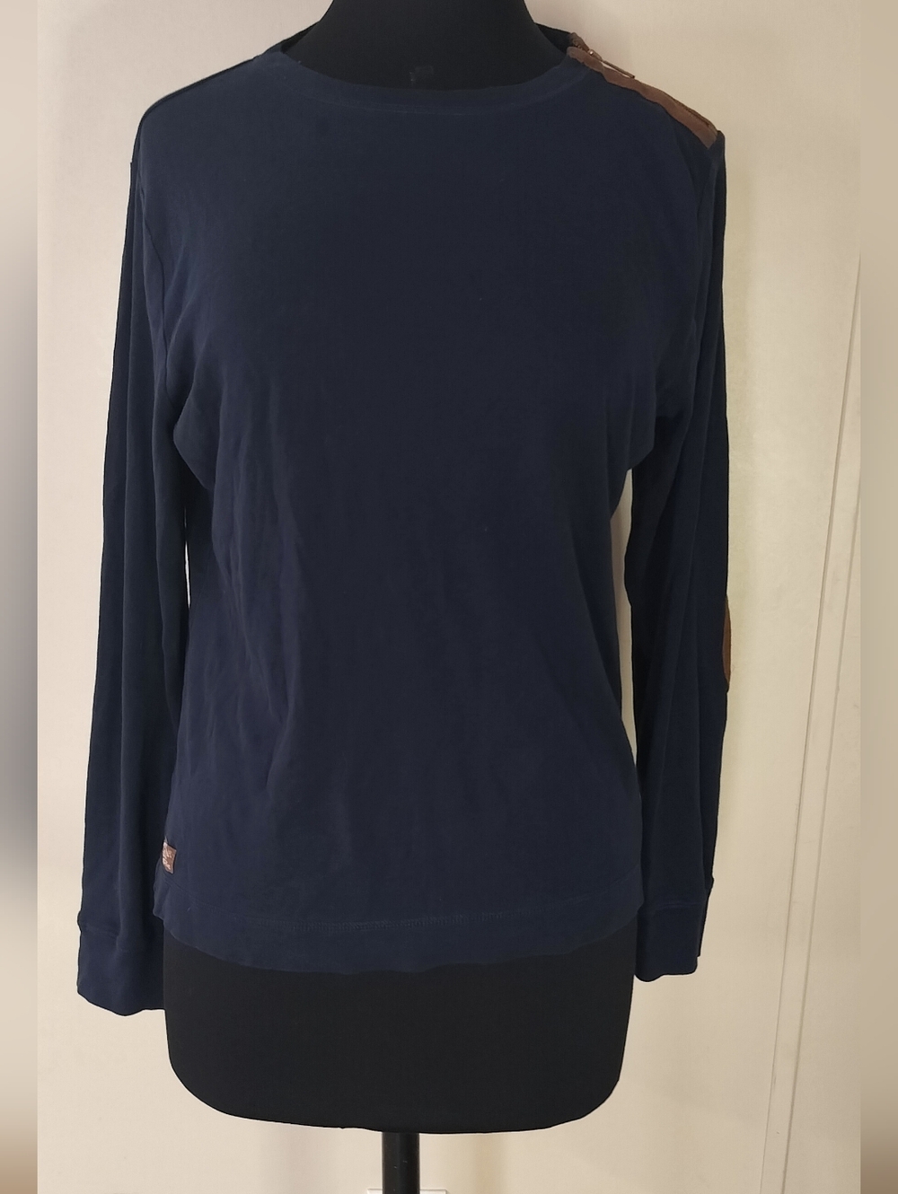 Ralph Lauren Navy Long Sleeve Top with Tan Elbow Patches